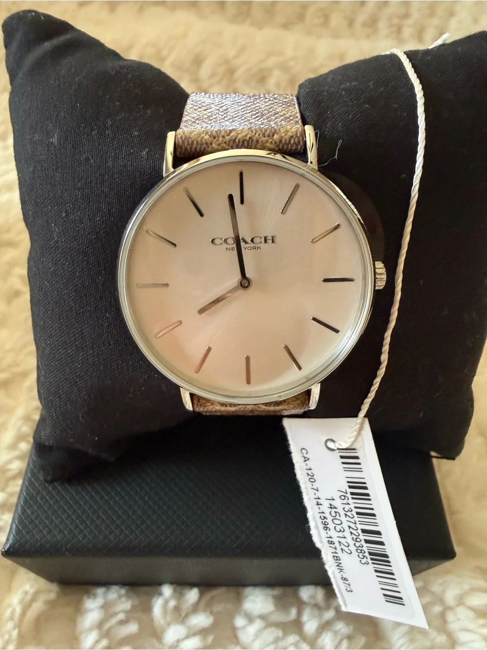 Coach Silver-Tone Round Watch with Brown Signature Strap